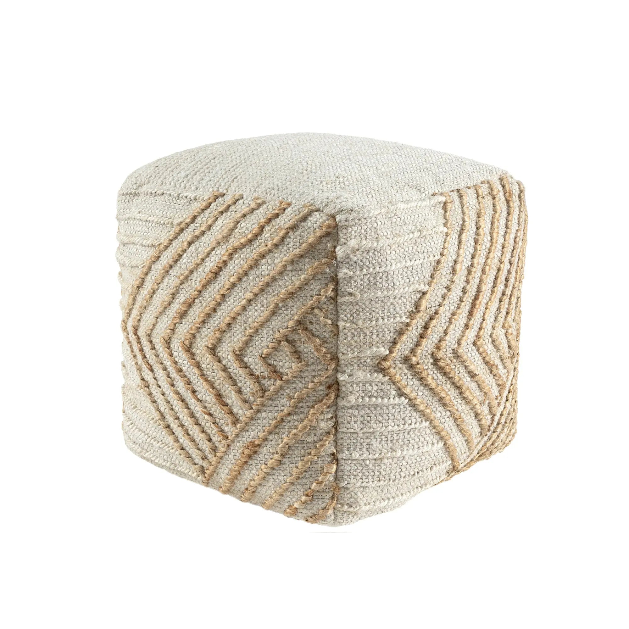 18" Natural and Off White Cotton Jute And Wool Geometric Cube Pouf Ottoman Homeroots Living Room
